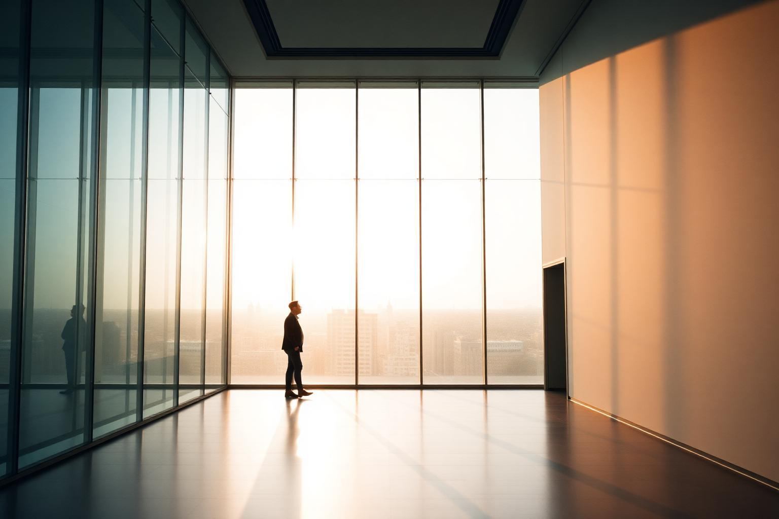 Modern museum gallery interior in Naples with warm late-afternoon light through tall glass