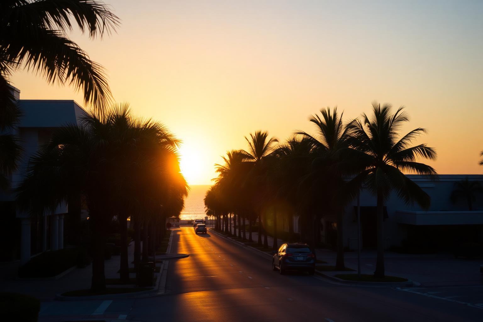 Palm-lined Naples street at golden hour with the Gulf visible at the end of the block