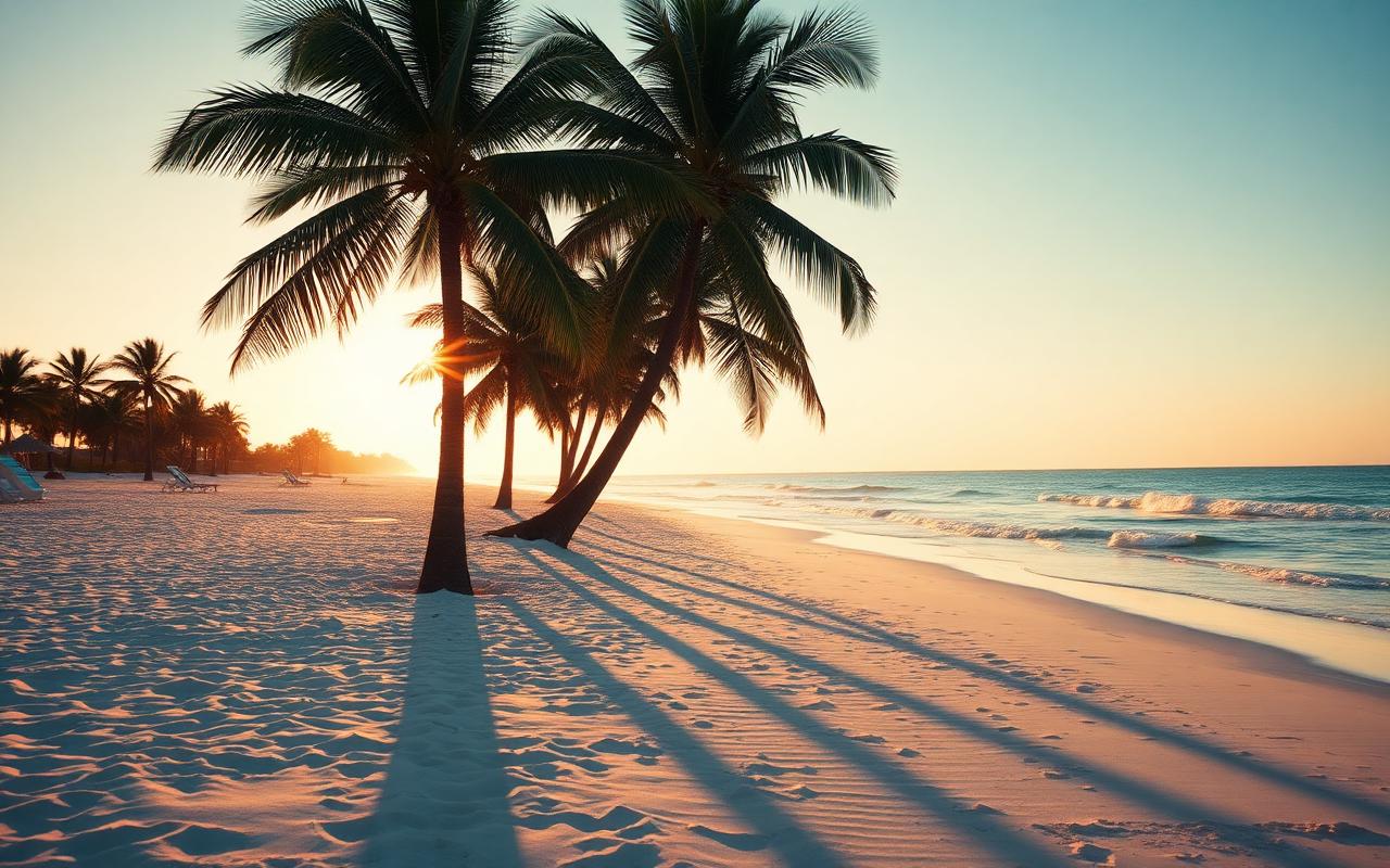 Calm Gulf water and empty white sand beach in Naples on a clear spring morning