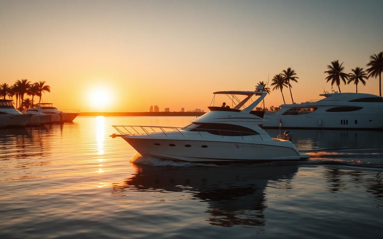Private charter boat idling out of Naples Bay past moored yachts on a calm morning