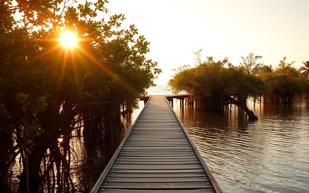 Wooden boardwalk winding through mangroves toward the beach at Clam Pass, Naples
