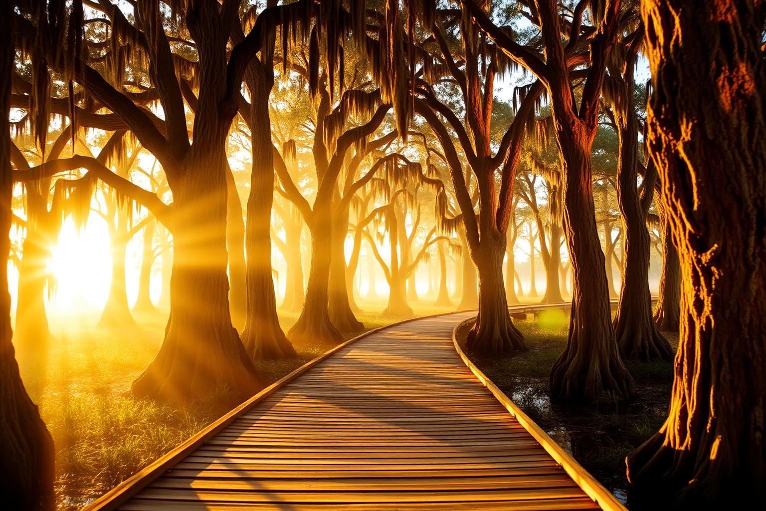 Boardwalk winding through towering old-growth bald cypress trees in warm low light