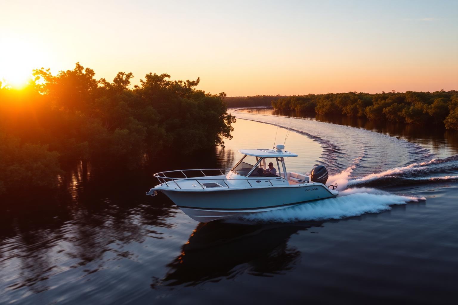 Private boat idling through Naples Bay in warm late light with mangrove shoreline behind