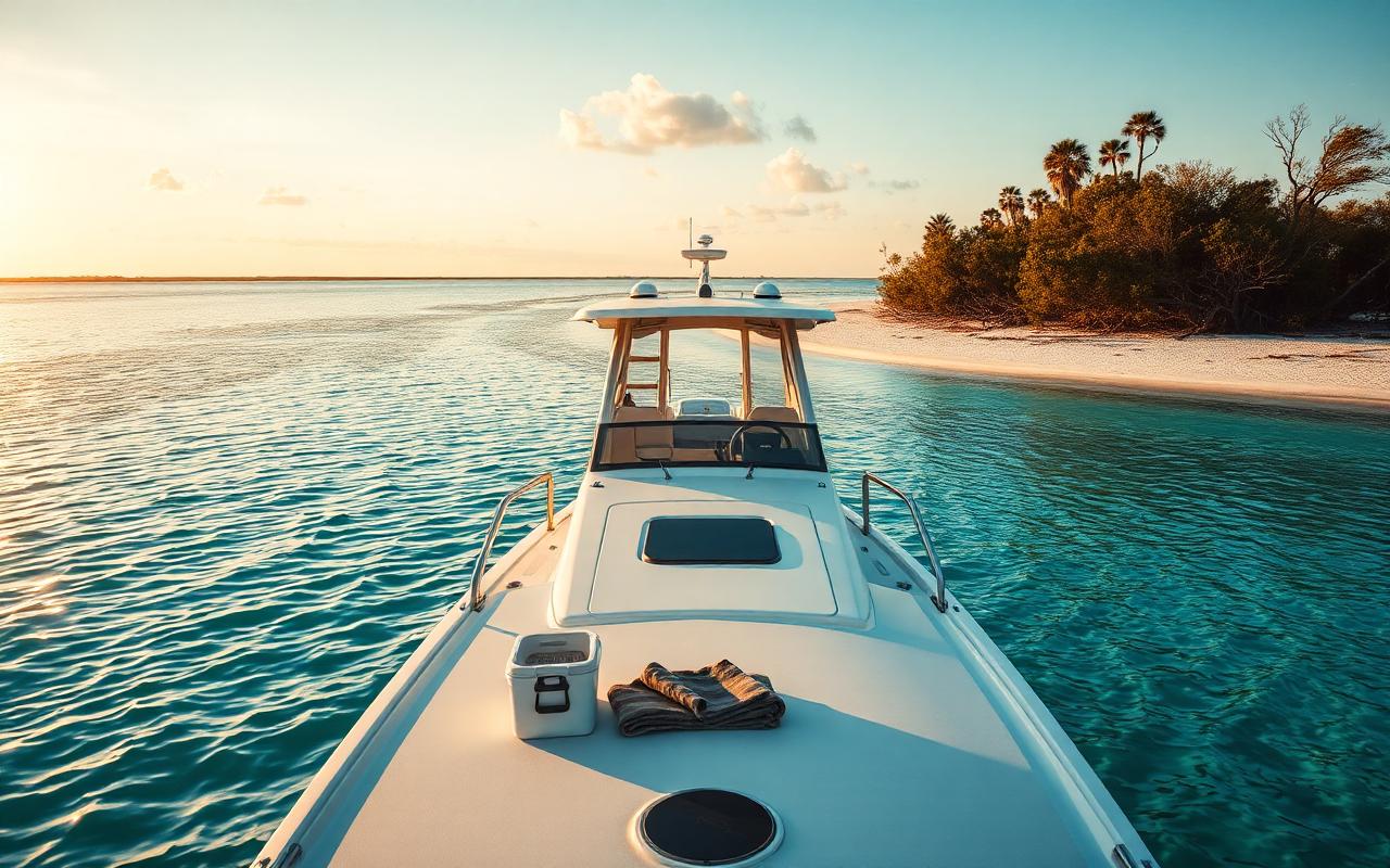 Turquoise Gulf water over a shallow sandbar with an anchored boat under midday sun