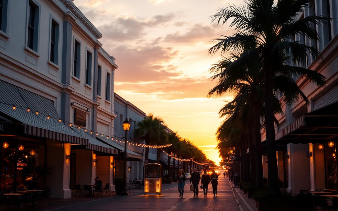 Palm-lined Fifth Avenue South in Naples with outdoor cafe seating in the evening