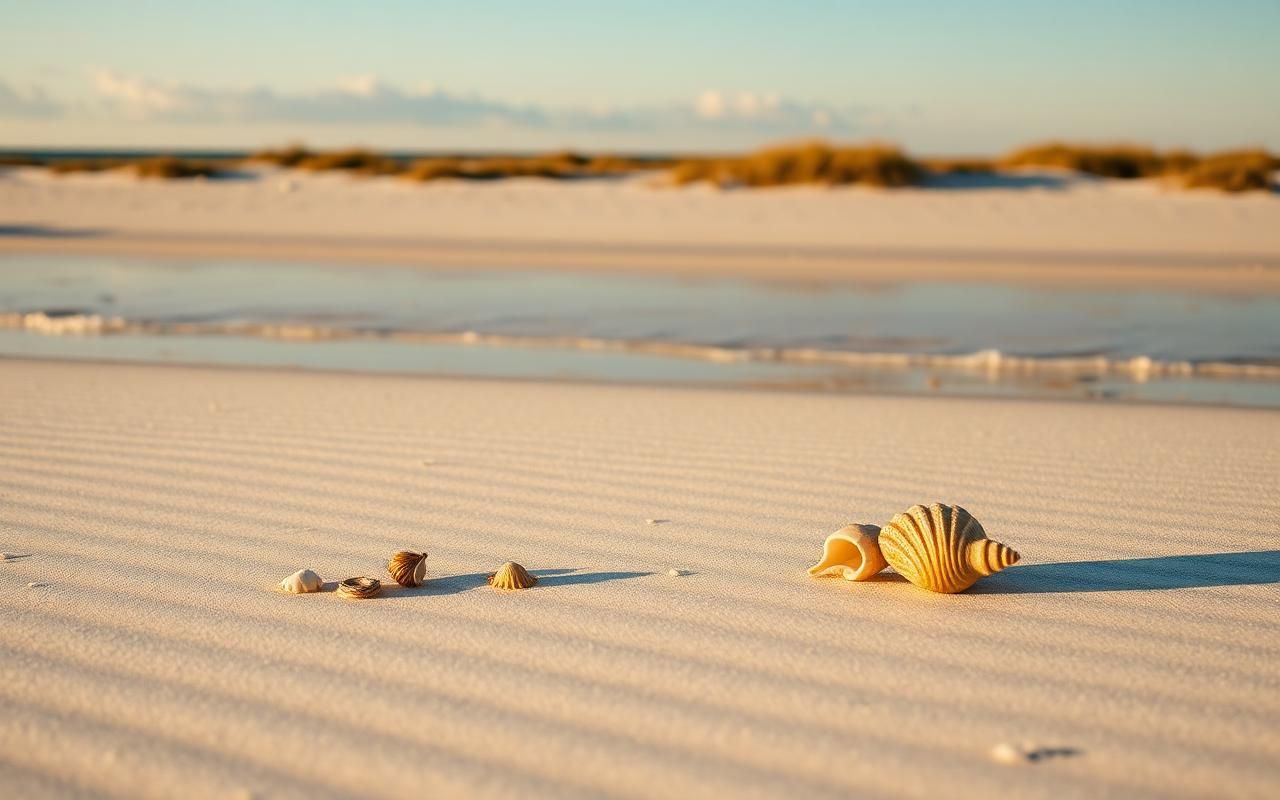 Empty white sand shoreline on Keewaydin Island with shells and driftwood