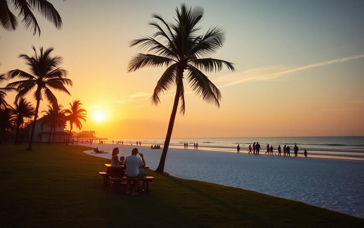 Palm trees and picnic pavilions at Lowdermilk Park beside the beach in Naples