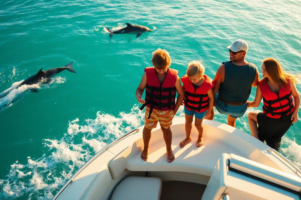 Family in life jackets on the bow of a small boat watching dolphins in turquoise Gulf water