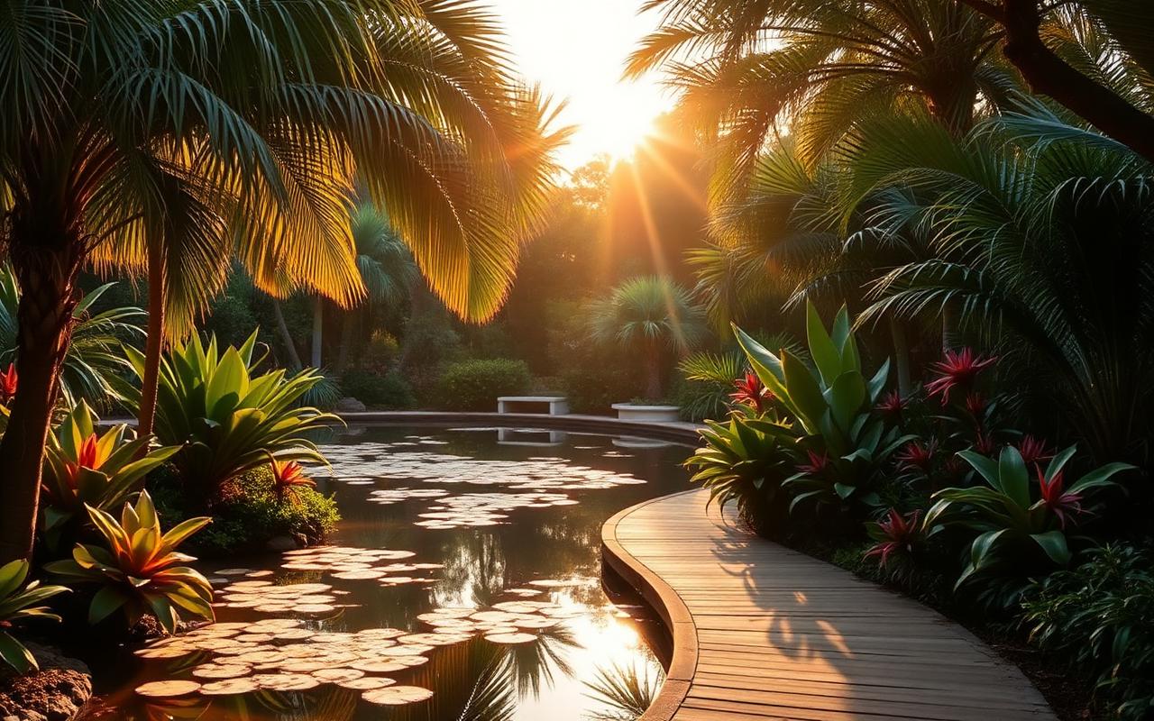 Tropical planting and a reflecting pool at Naples Botanical Garden