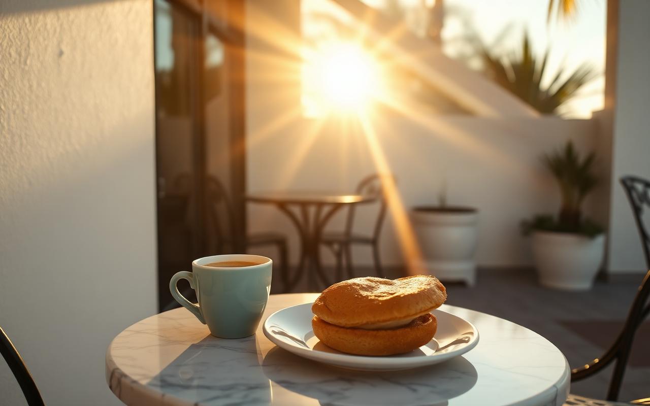 Espresso and pastry on an outdoor cafe table in Naples in morning light