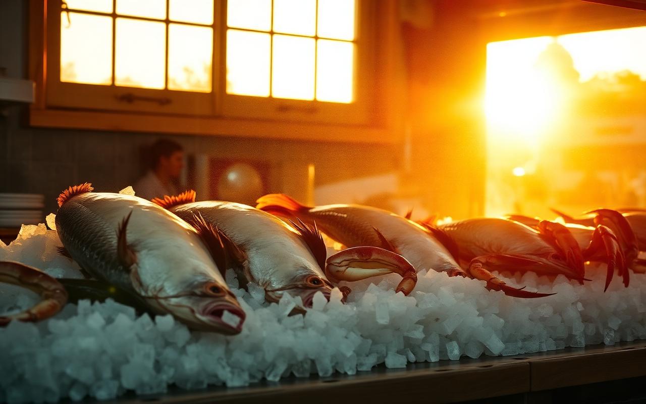 Fresh Gulf fish and stone crab claws on ice at a Naples seafood counter
