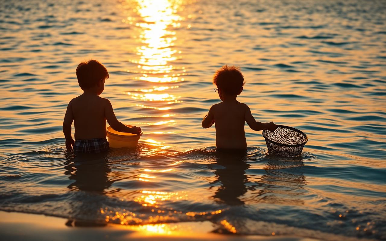 Child collecting shells in shallow calm water on a Naples beach
