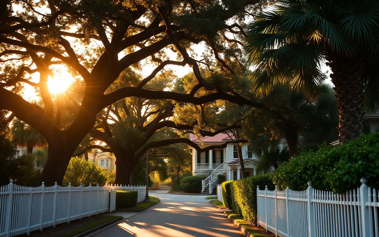 Quiet palm-shaded street of low white houses in Old Naples