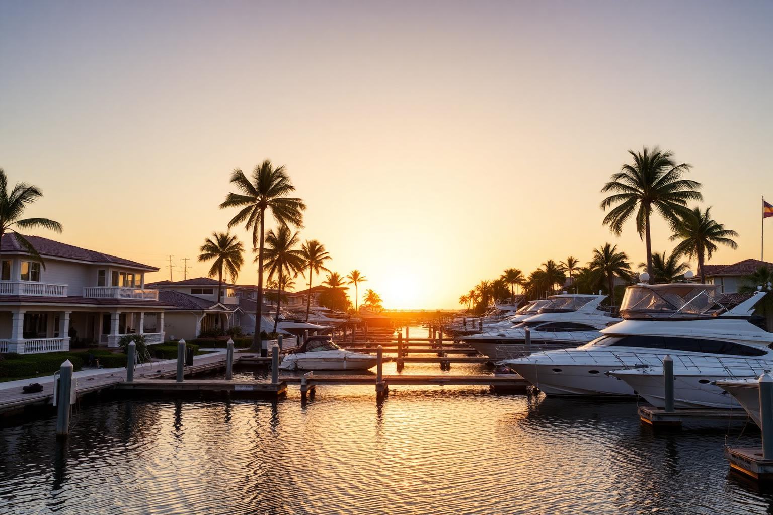Waterfront estates and private docks lining a Port Royal canal in Naples at golden hour