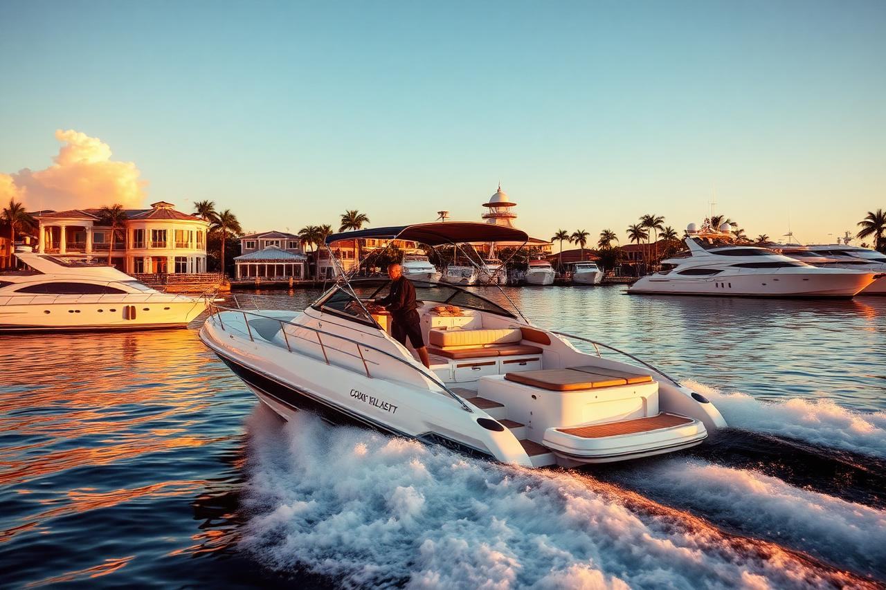Private charter boat idling out of Naples Bay past waterfront homes in late golden light