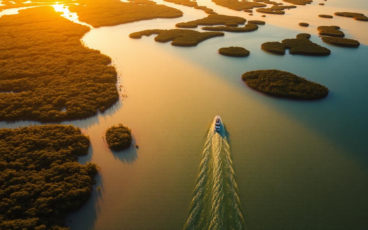 Aerial view of mangrove islands scattered across shallow green water in the Ten Thousand Islands