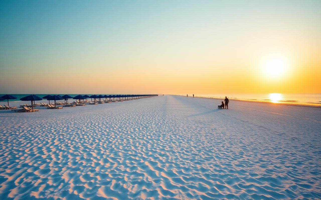Vanderbilt Beach in North Naples with rental chairs and umbrellas on white sand