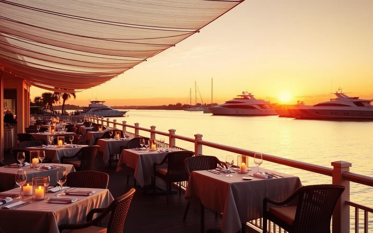 Waterfront restaurant deck in Naples at sunset with boats tied alongside