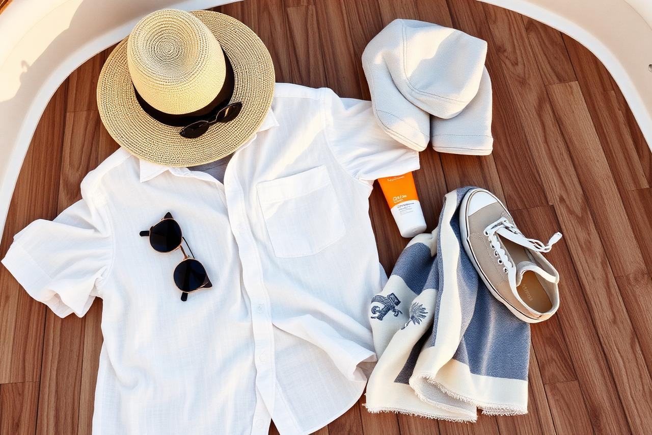 Linen shirt, straw hat, sunglasses and boat shoes laid out on teak boat decking in warm light